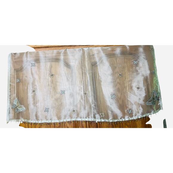 Lam Lee Sage Green Beaded and Embroidered Butterfly and Beaded Tassels 42 x 42” - Picture 2 of 11